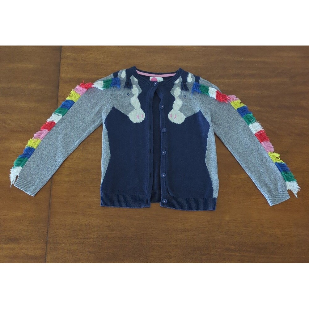 Mini Boden Girl's Gray/Navy Blue cardigan unicorn rainbow tassels size 8/9 GUC